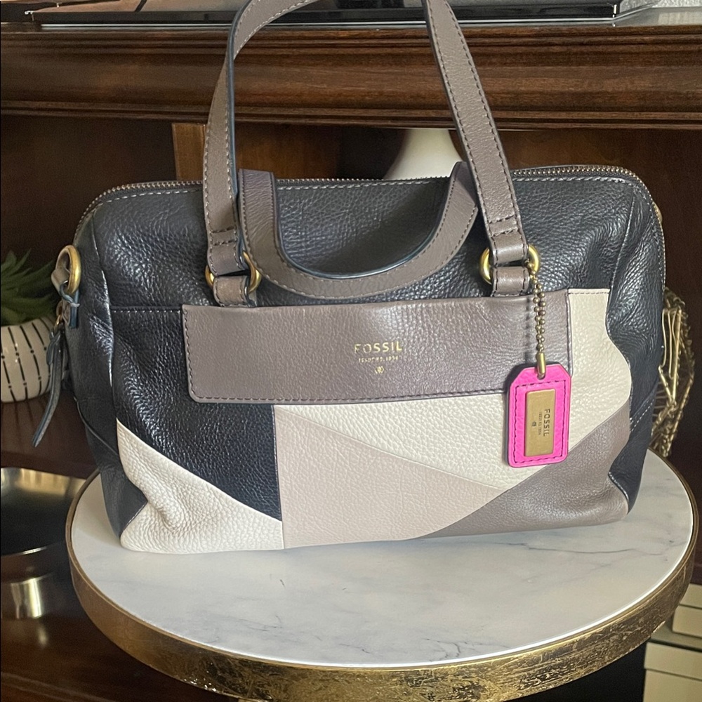 Fossil Women's Black and Cream Leather Satchel